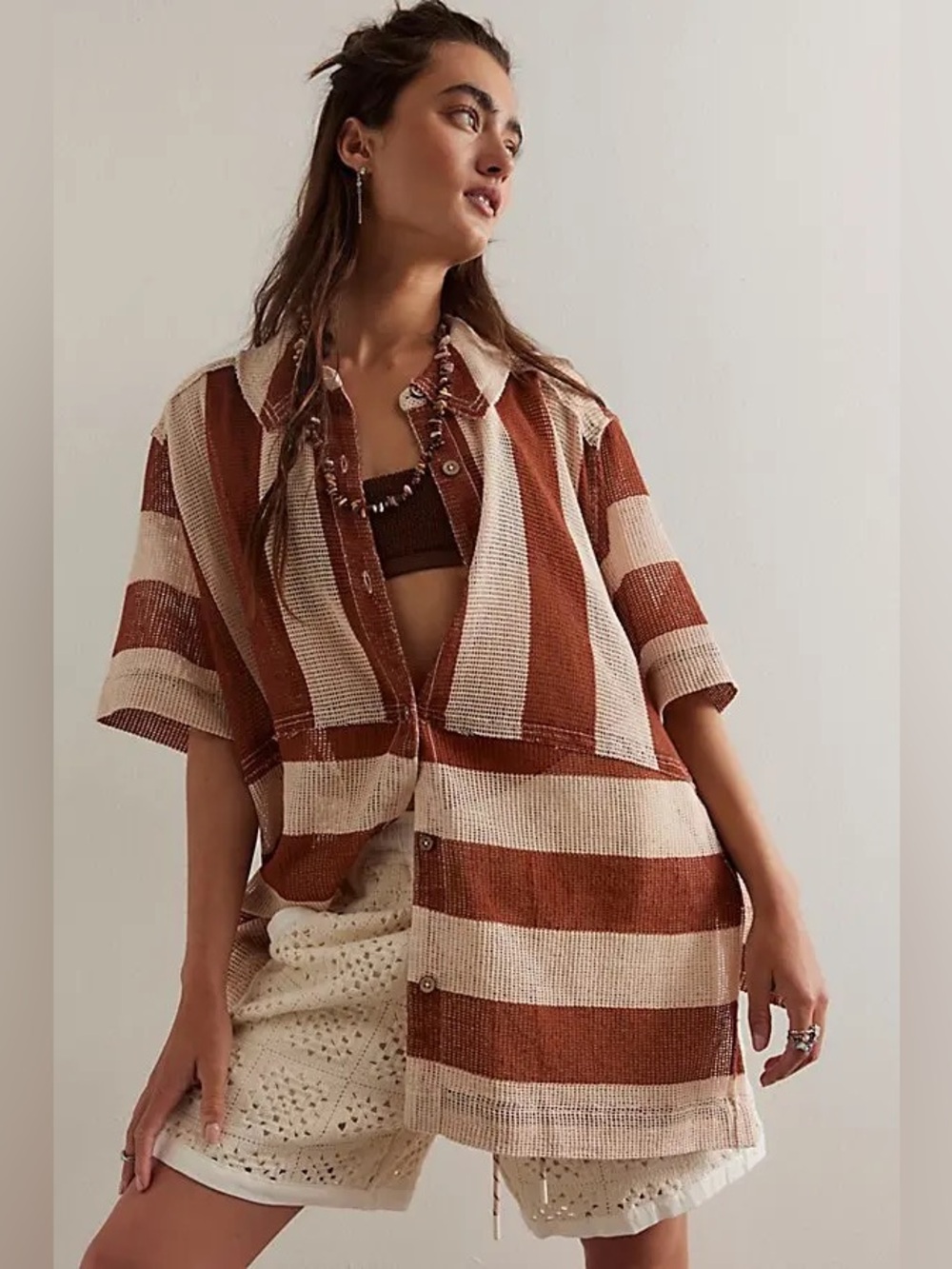 We The Free Del Mar Cabana Shirt -Brown & Cream Mixed Stripe Open Knit Design